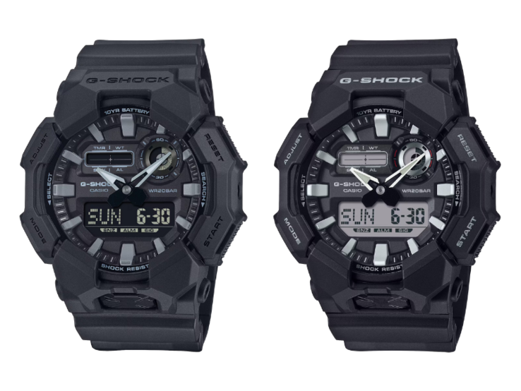 卡西欧 G-Shock GA-010-1A1JF 手表（左）与卡西欧 G-Shock GA-010-1A 手表（右）对比。(图片来源：卡西欧）