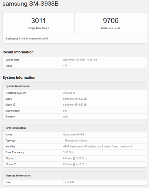 骁龙 8 代 4 用于Galaxy 新的 Geekbench 列表（图片来源：Geekbench）