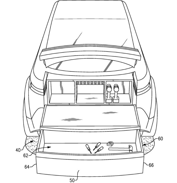 鉴于 F-150Lightning 后备箱的实用空间和功能，福特似乎打算将其作为一个工作台。(图片来源：美国专利申请出版物）