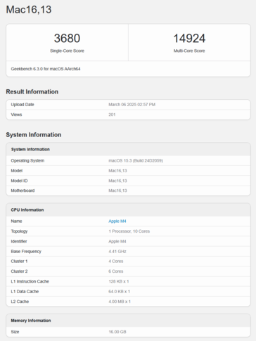 M4 MacBook Air Geekbench CPU 跑分（图片来源：Geekbench）