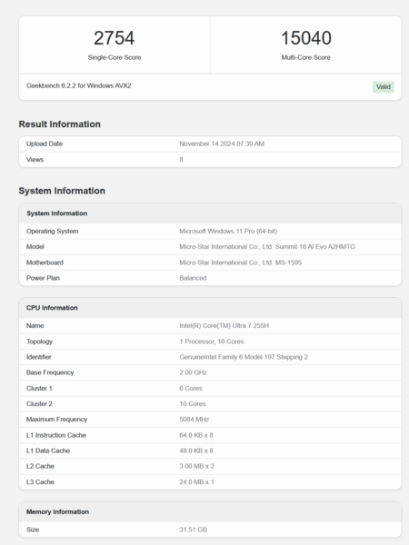 英特尔酷睿至尊 7 255H Geekbench 性能（图片来源：Geekbench）