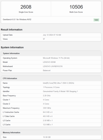 英特尔酷睿至尊 7 256V Geekbench 跑分（图片来自 Geekbench）