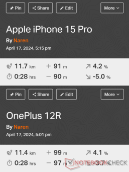 GNSS 对比：Apple iPhone 15 Pro vs. OnePlus 12R 5G