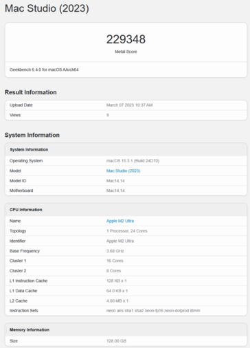 Apple M2 Ultra Geekbench GPU Metal 分数（图片分数 Geekbench）