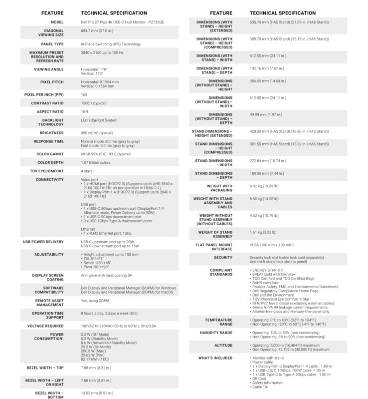 带 USB 集线器的戴尔 27 Pro Plus 4K 显示器的完整规格（图片来源：戴尔）