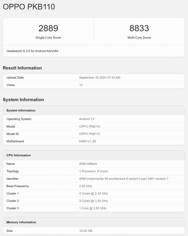 据称是 Oppo Find X8 的 Geekbench CPU 基准测试（图片来源：IT 之家）