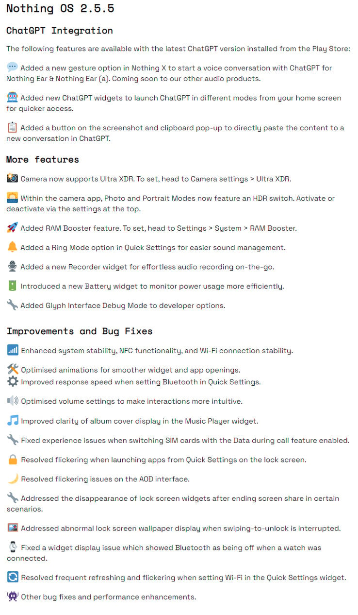 Nothing OS 2.5.5 for Phone 2 完整更新日志（图片来源：Nothing）