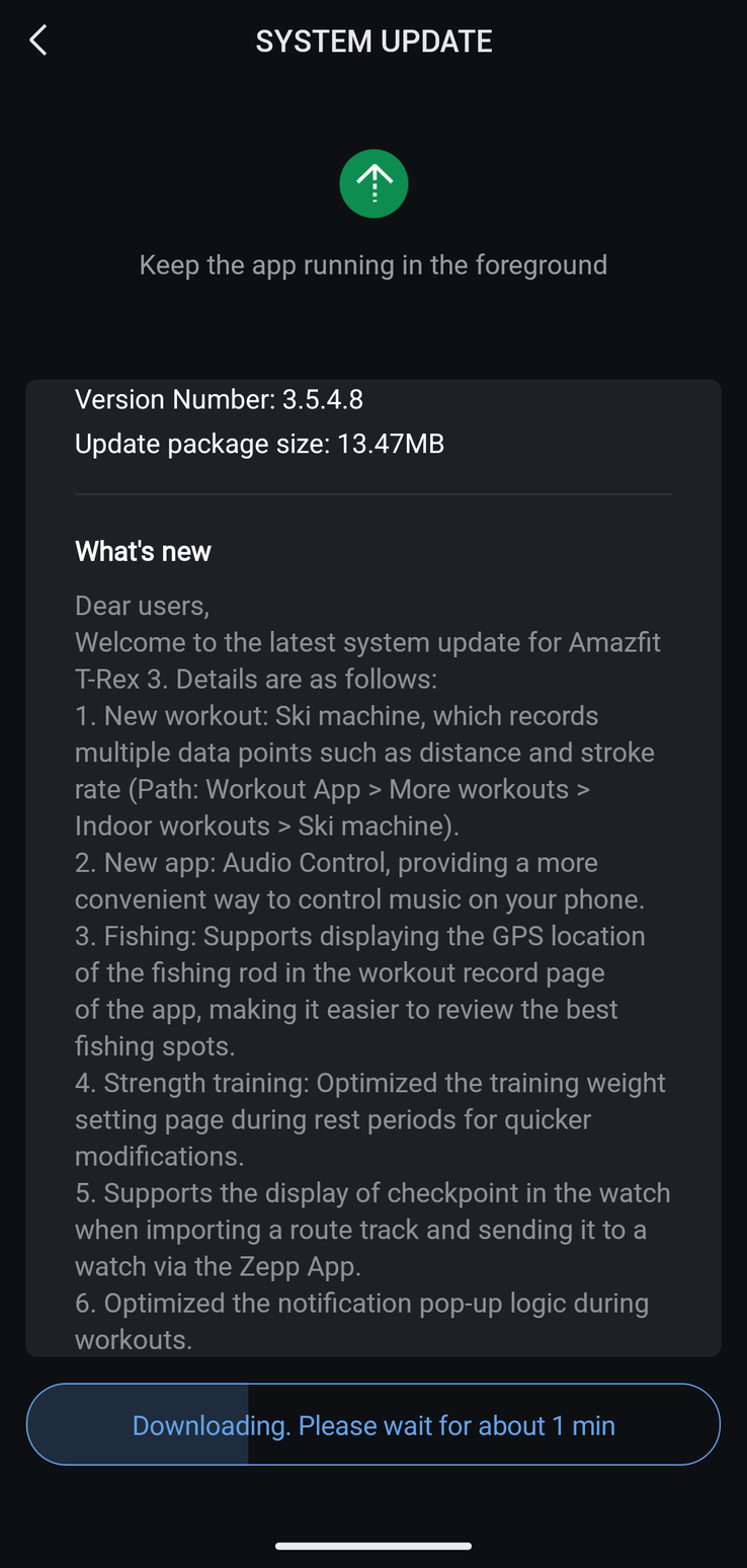 Amazfit T-Rex 3 版本 3.5.4.8 更新的更改日志。(图片来源：u/Ech0ke via Reddit）