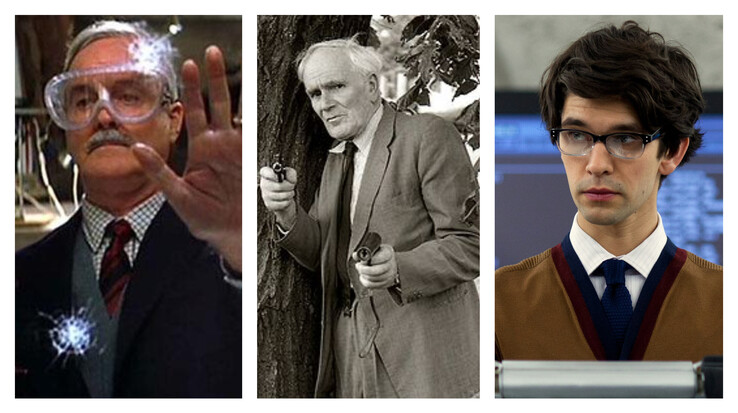 John Cleese、Desmond Llewelyn、饰演 Q 的 Ben Whishaw（图片来源：Wikimedia - 已编辑）