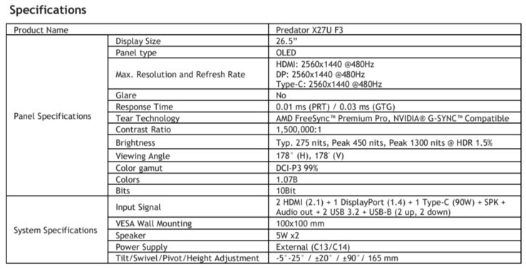 完整规格表（图片来源：Acer）