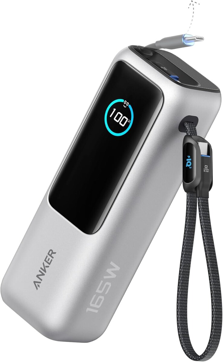 新款浅银色 Anker Zolo Power Bank（25K、165W、内置和可伸缩线缆）。(图片来源：Anker