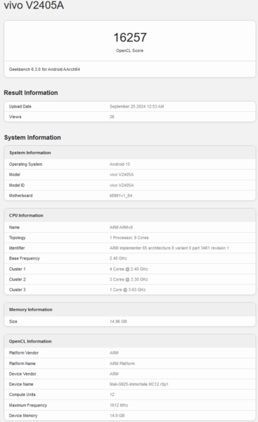 Arm Immortalis-G925 MP12 Geekbench OpenCL 性能（图片来源：Geekbench）