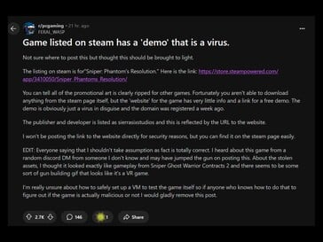 受感染的 Steam 演示 Reddit 帖子（图片来源：截图，PC Gaming subreddit）