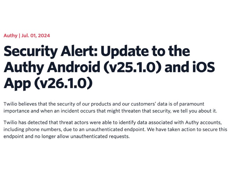 出于安全考虑，Twilio 鼓励用户紧急更新 Authy 应用程序（来源：Twilio）