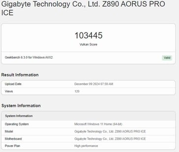 英特尔 Arc B580 Vulkan 性能。(图片来源：Geekbench）