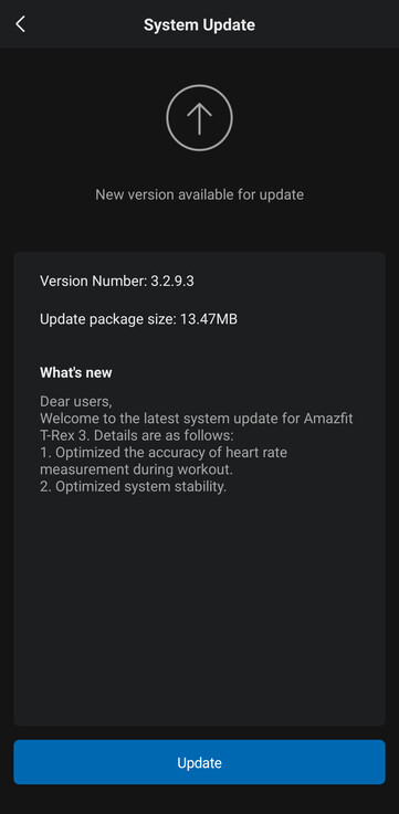 Amazfit T-Rex 3 固件 3.2.9.3 版本的更改日志（图片来源：u/Ech0ke via Reddit）