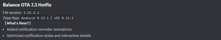 Amazfit Balance OTA 7.3 Hotfix 的发布说明。(图片来源：Zepp Health via Discord）