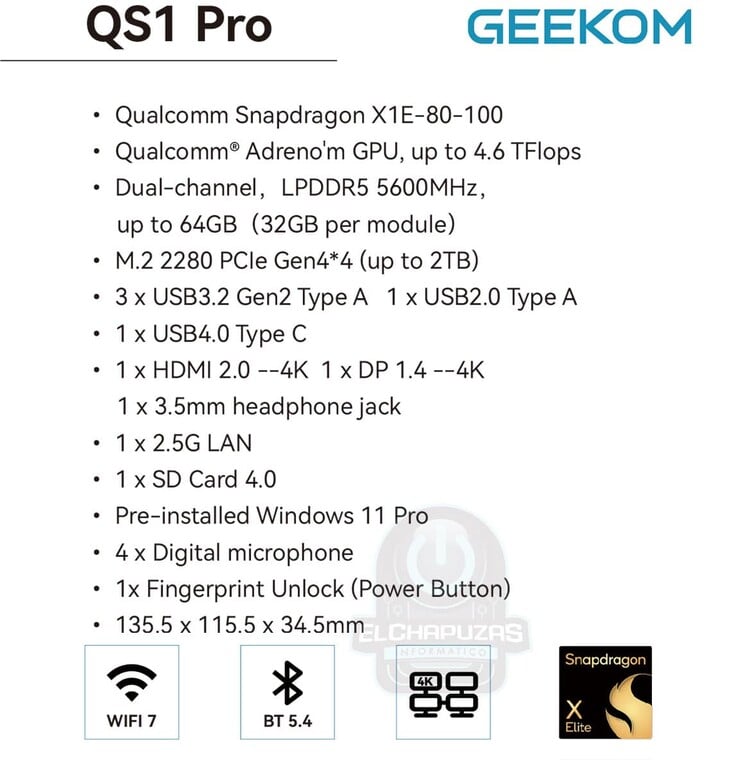 Geekom QS1 Pro 的泄露规格（图片来源：El Chapuzas Informatico）