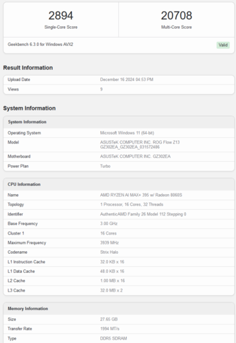 AMD Ryzen AI Max Plus 395 CPU 性能（图片来源：Geekbench）