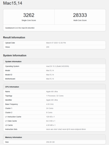 Apple M3 Ultra Geekbench CPU 分数（图片分数 Geekbench）