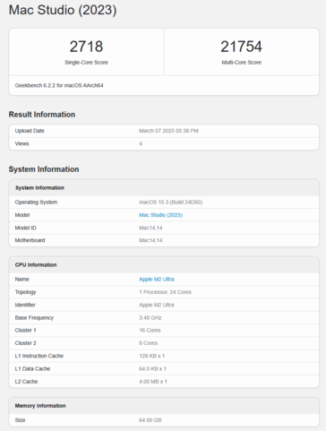 Apple M2 Ultra Geekbench CPU 得分（图片为 Geekbench 得分）