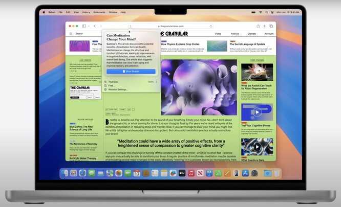 macOS Sequoia 对 Safari 中的阅读器模式进行了全面修改，防分心功能令人印象深刻。（来源：Apple)