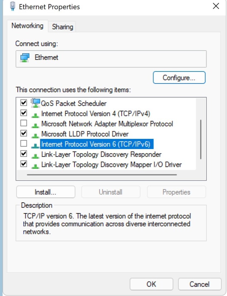 未安装 2024 年 8 月安全补丁的 Windows 用户应禁用网络适配器中的 IPv6。(图片来源：微软）