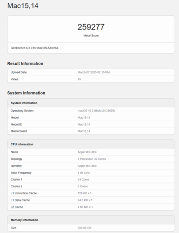 Apple M3 Ultra Geekbench GPU Metal 分数（图片分数 Geekbench）