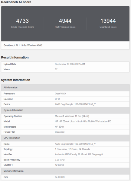 AMD Ryzen AI Max 390 Geekbench AI 得分（图片来源：Geekbench）