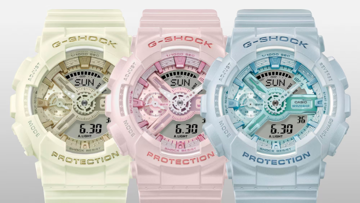 从左至右新款卡西欧 G-Shock GMAS110ST-7A、GMAS110ST-4A 和 GMAS110ST-2A 手表。(图片来源：卡西欧）