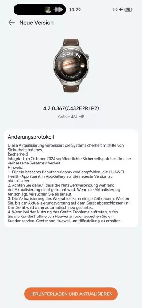 华为 Watch 4 Pro 4.2.0.367 版软件发布说明。(图片来源：Huaweiblog.de via Google Translate）