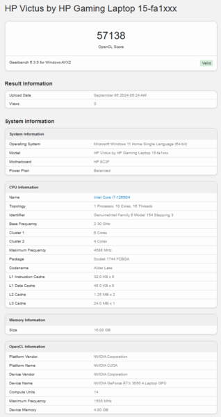 NvidiaGeForce RTX 3050 A Geekbench OpenCL 得分（图片来源：Geekbench）