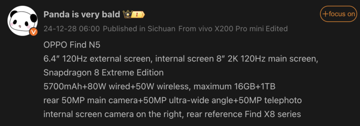 泄露的 OPPO Find N5 详细信息。(图片来源：微博 - 机器翻译）