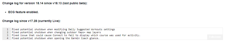 Garmin 测试版 18.14 的更改日志。(图片来源：Garmin）