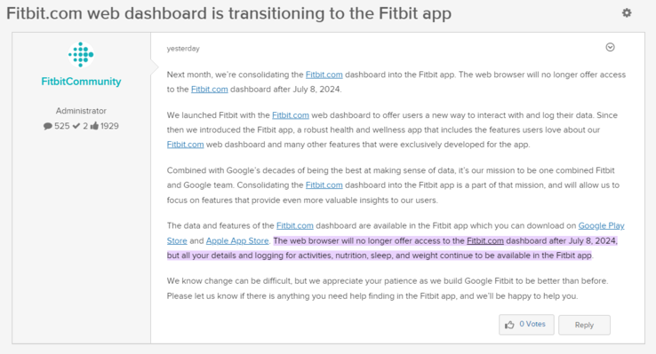 论坛帖子，宣布 Fitbit.com 网络控制面板退役。