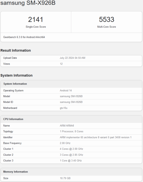 三星Galaxy Tab S10 Ultra Geekbench 列表（图片来源：Geekbench）