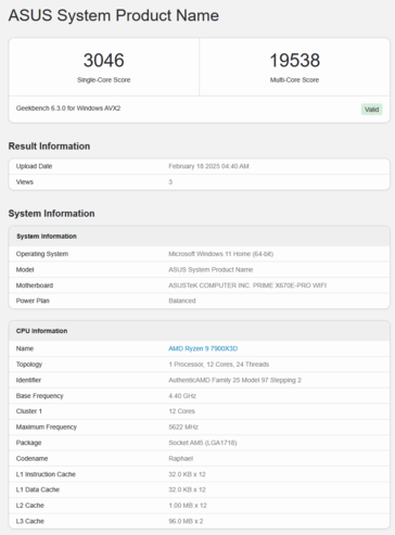 Ryzen 9 7900X3D Geekbench（图片来源：Geekbench）