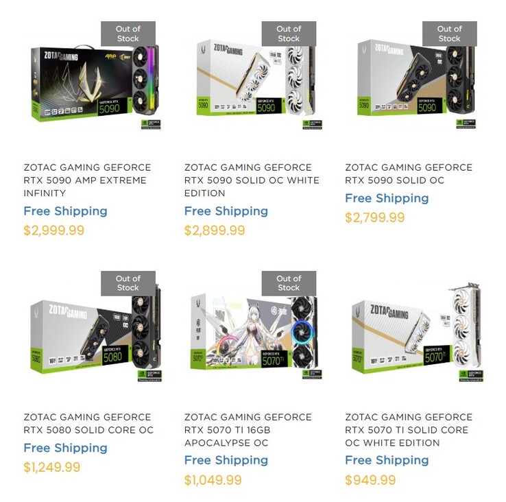 ZOTAC 网站上的 RTX 50 系列 GPU。(图片来源:ZOTAC)