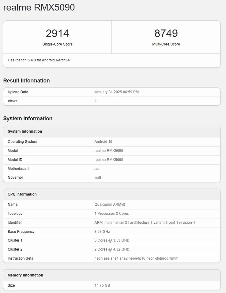 Realme GT 7 "登陆 Geekbench，配备旗舰级配置。(来源：Realme）