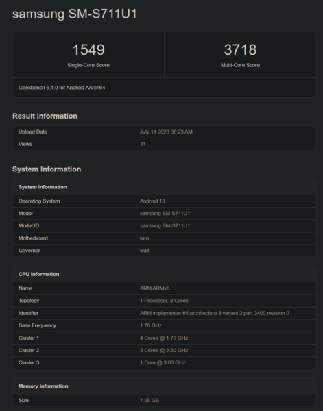 Galaxy S23 FE在Geekbench上搭载骁龙8代1 (图片来自Geekbench)