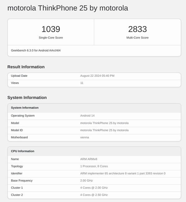 新款 ThinkPhone 显示配备 8GB 内存，但很可能还有其他配置。(图片来源：Geekbench）