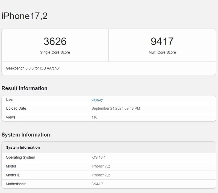 Apple A18 Pro 最近的 Geekbench 跑分显示性能大幅提升。(图片来源：Geekbench）