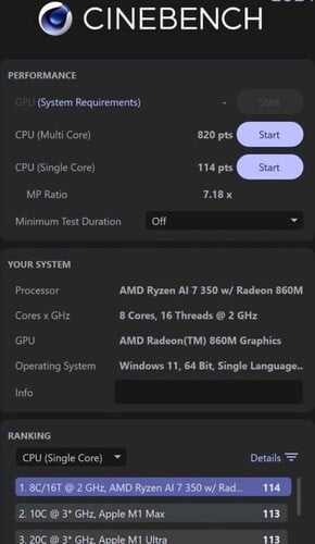 AMD Ryzen AI 7 350 Cinebench 2024 评分（图片来源：微博）