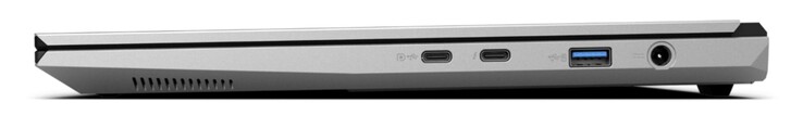 右侧USB-C 3.2 Gen. 2（10 Gbit/s、DisplayPort 1.4a、兼容 G-Sync、无电力传输）、带 Thunderbolt 4 的 USB-C 4.0（40 Gbit/s、DisplayPort 2.1、电力传输）、USB-A 3.2 Gen. 2（10 Gbit/s、供电）、电源输入