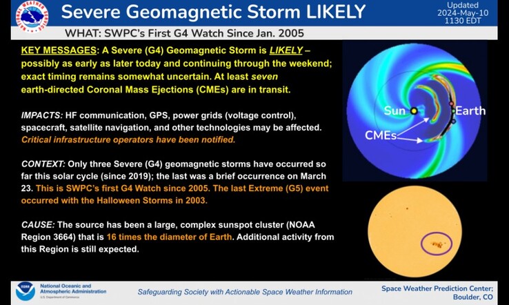 NOAA 发布 2024 年 5 月 11 日周末太阳耀斑严重警告。(资料来源：美国国家海洋和大气管理局）