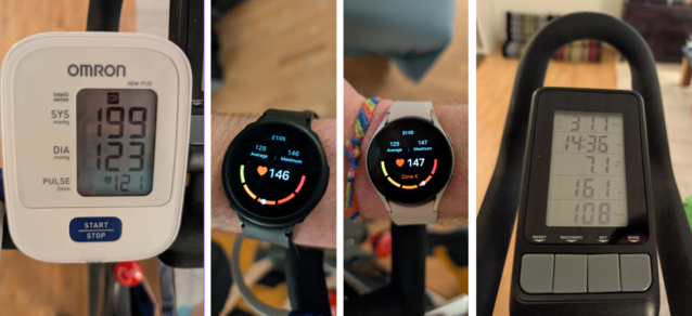 运动比较 - 左：Omron。左中：Galaxy Watch 4。中右： Galaxy 手表 5。右图：自行车自行车（图片来源：David Devey / Notebookcheck）