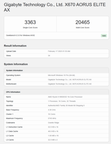 Ryzen 9 9950X3D Geekbench（图片来源：Geekbench）