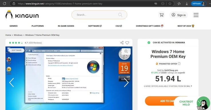 Kinguin 网页上的 Win 7 家庭高级版售价为 52 罗马尼亚列伊（约合 11 美元）。图片来源屏幕截图