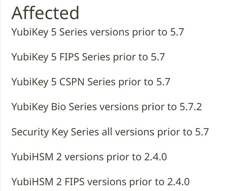 所列设备易受安全漏洞影响，用户应考虑更换。(图片来源：Yubico）