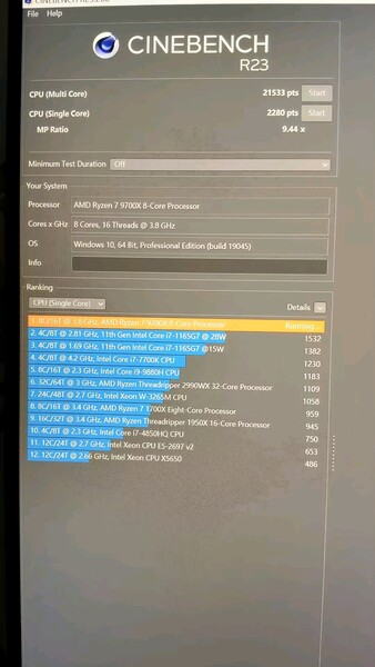 AMD Ryzen 7 9700X Cinebench R23 评分（图片来源：HXL on X）